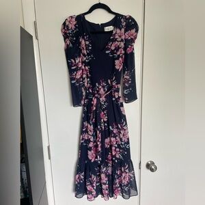 Eliza J Floral Navy Puff Sleeve Tie Waist Dress